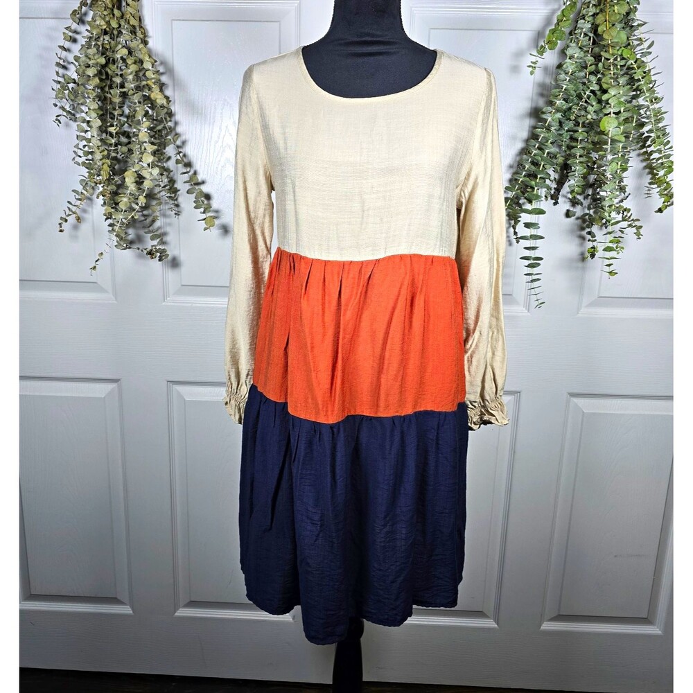 Emery Rose Colorblock Tiered A-Line Knee Dress Puff Long Sleeve Sz S Beige